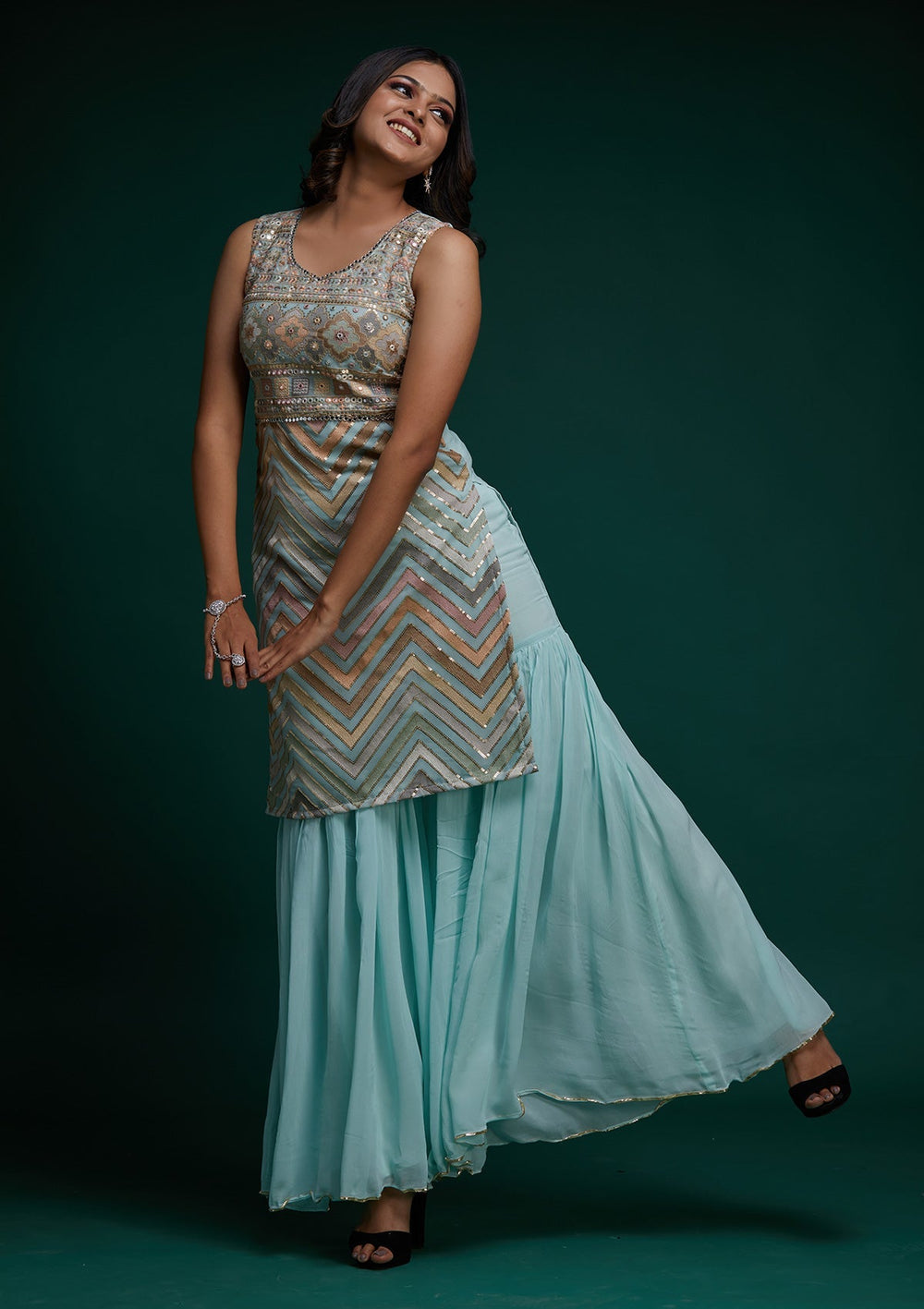 Sky Blue Threadwork Georgette Designer Salwar Suit - Koskii
