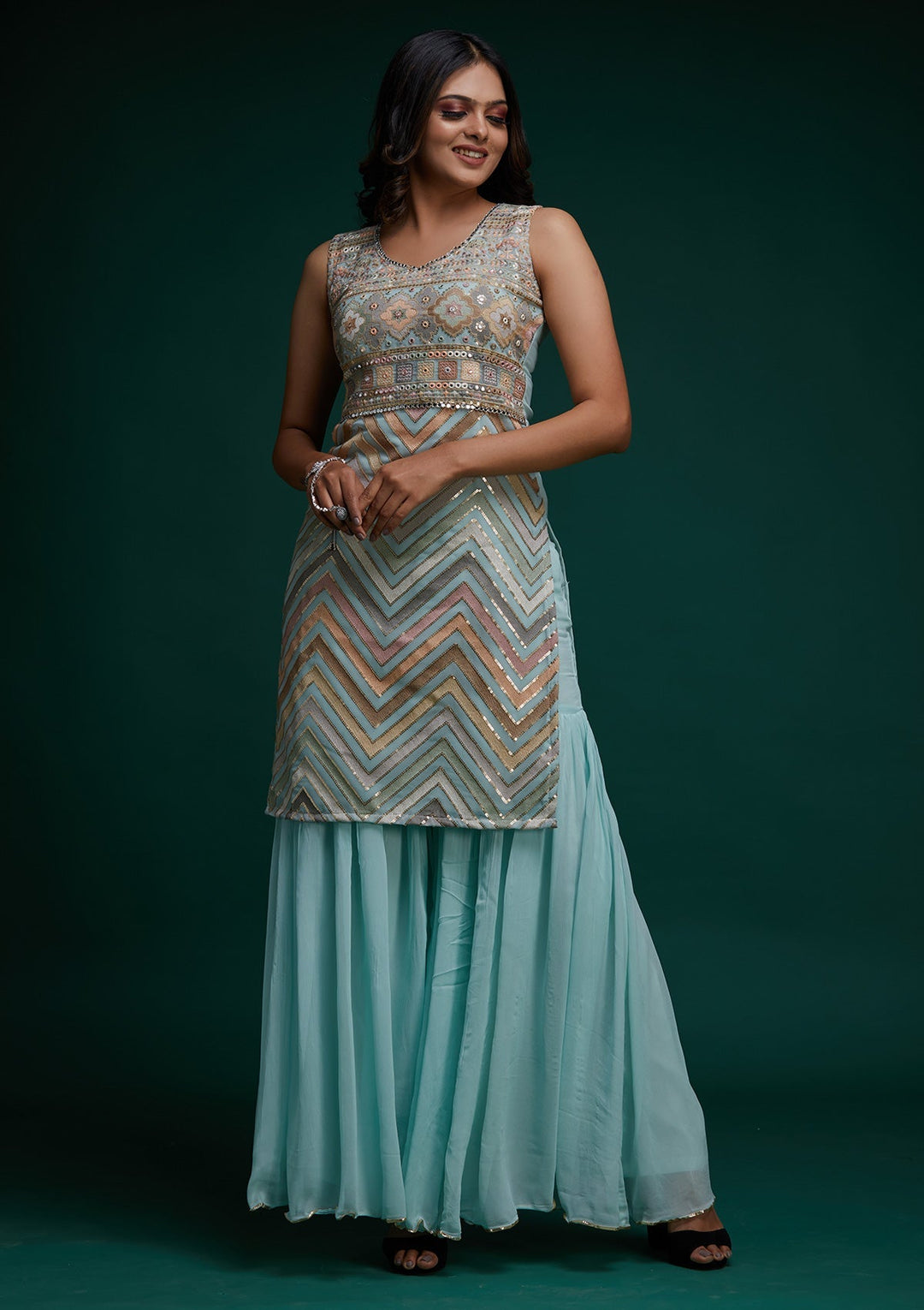 Sky Blue Threadwork Georgette Designer Salwar Suit - Koskii