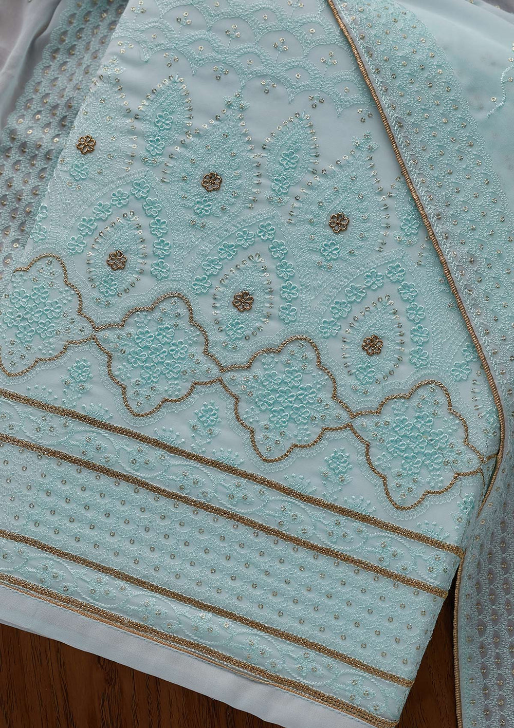 Sky Blue Threadwork Georgette Designer Semi-Stitched Salwar Suit - Koskii