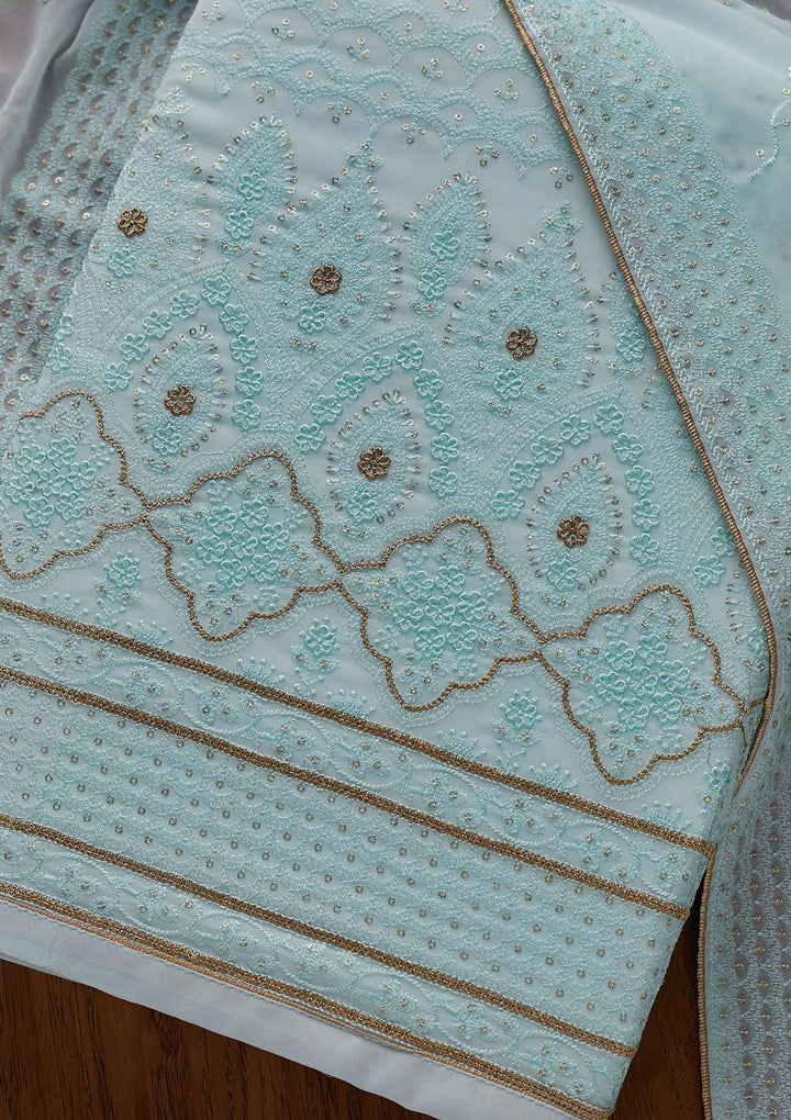 Sky Blue Threadwork Georgette Designer Semi-Stitched Salwar Suit - Koskii