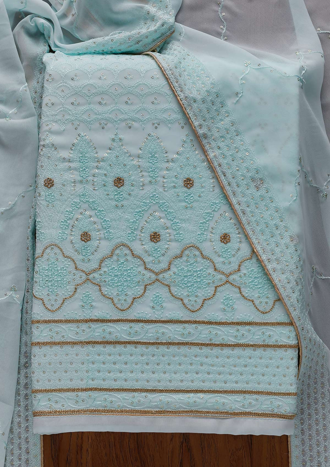 Sky Blue Threadwork Georgette Designer Semi-Stitched Salwar Suit - Koskii