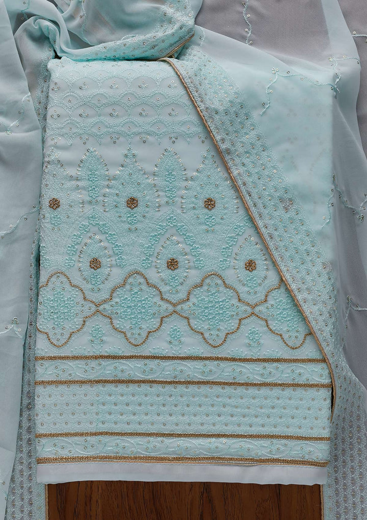 Sky Blue Threadwork Georgette Designer Semi-Stitched Salwar Suit - Koskii