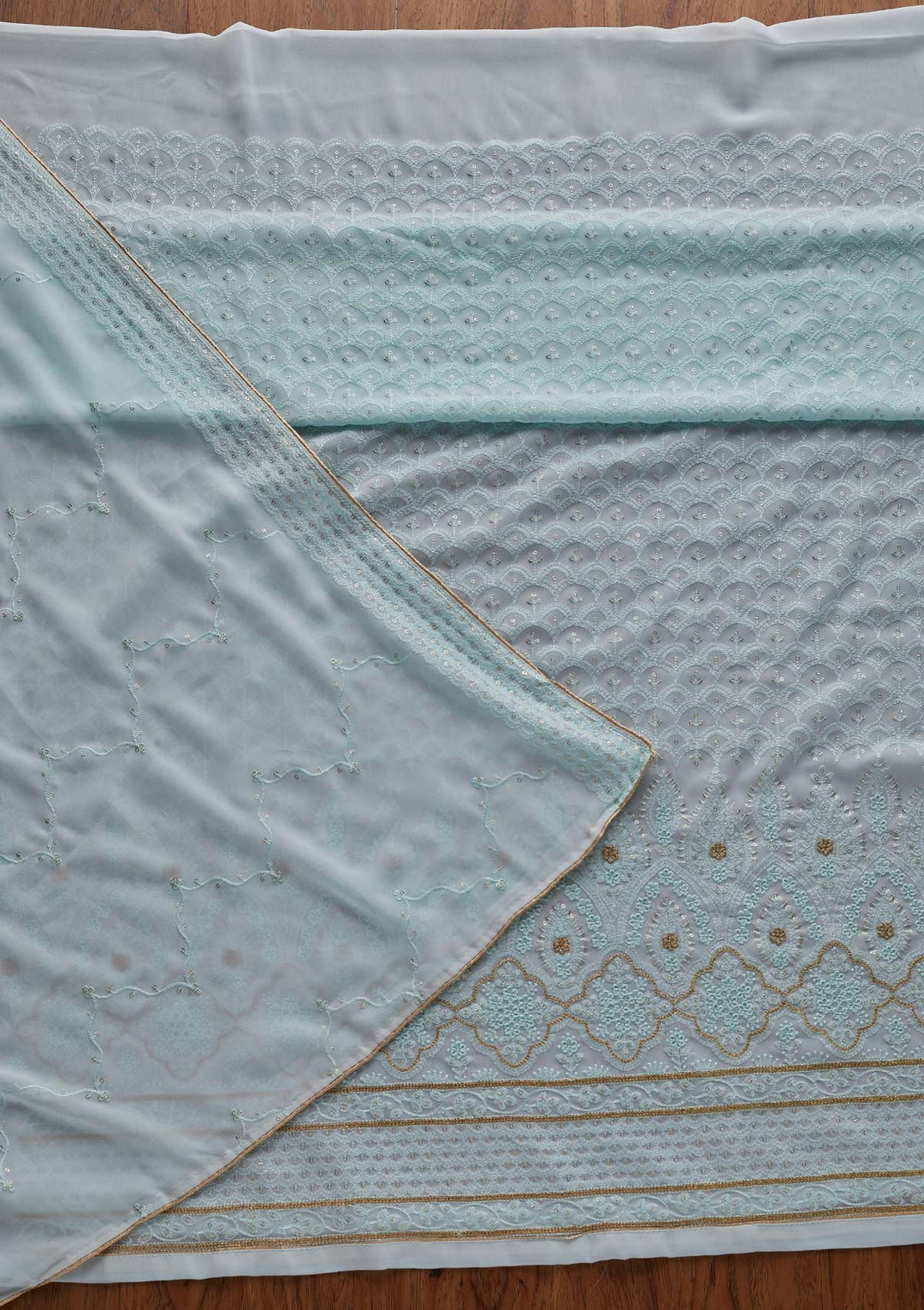 Sky Blue Threadwork Georgette Designer Semi-Stitched Salwar Suit - Koskii