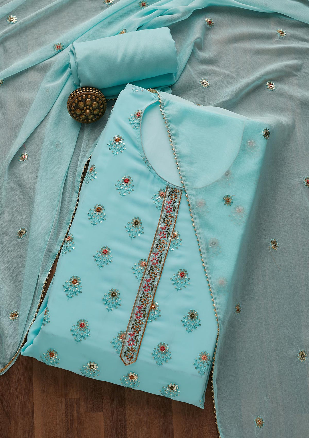 Sky Blue Threadwork Georgette Semi-Stitched Salwar Suit-Koskii