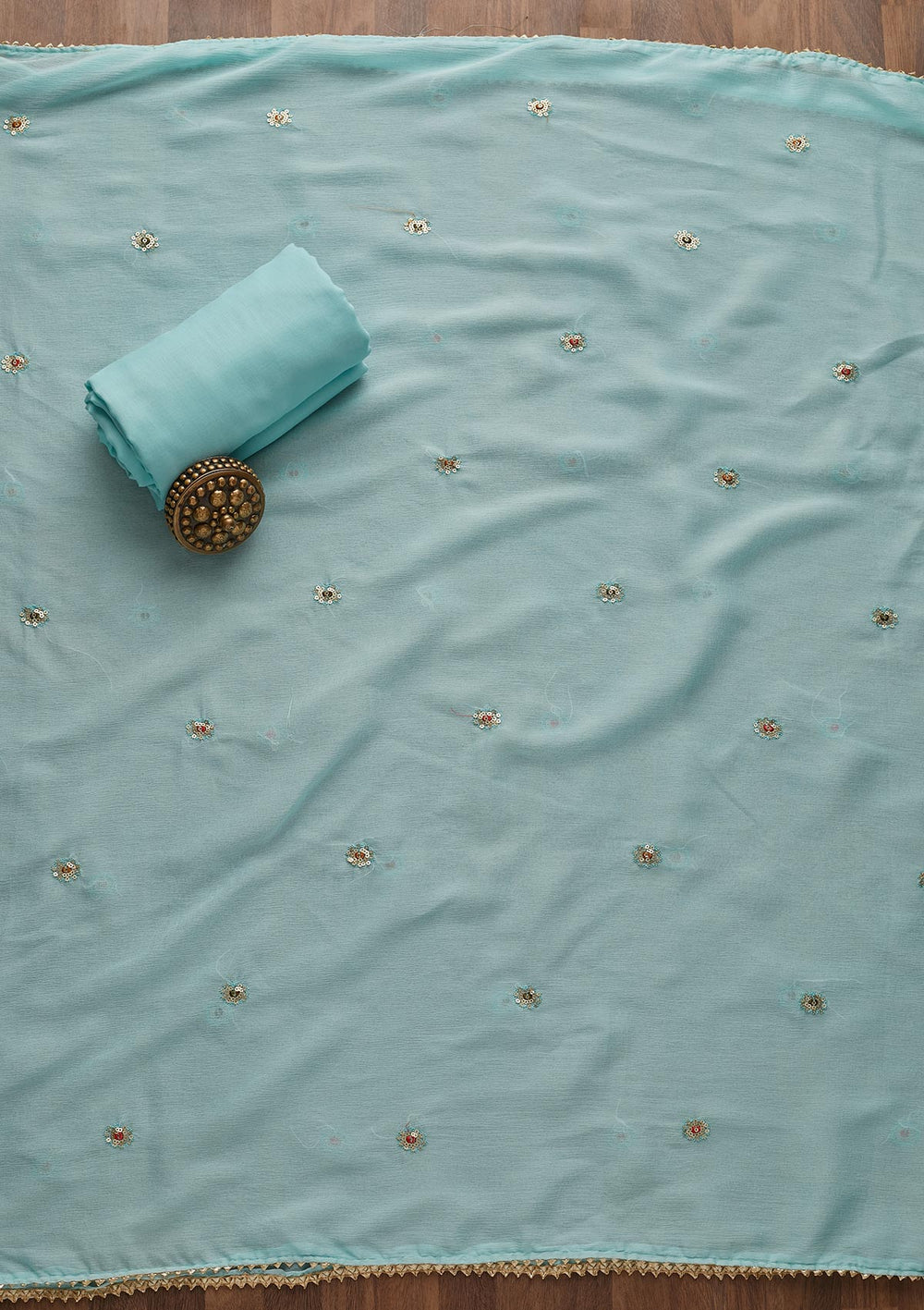 Sky Blue Threadwork Georgette Semi-Stitched Salwar Suit-Koskii