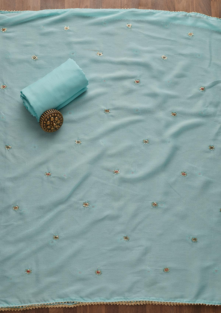 Sky Blue Threadwork Georgette Semi-Stitched Salwar Suit-Koskii