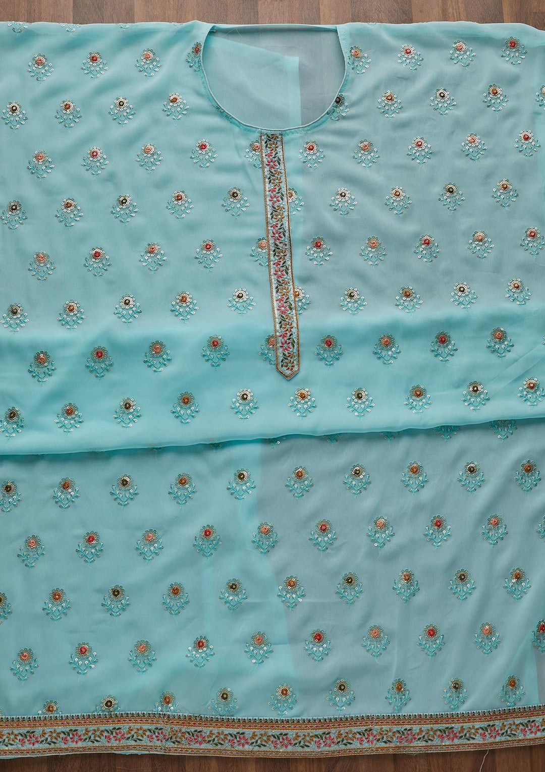 Sky Blue Threadwork Georgette Semi-Stitched Salwar Suit-Koskii
