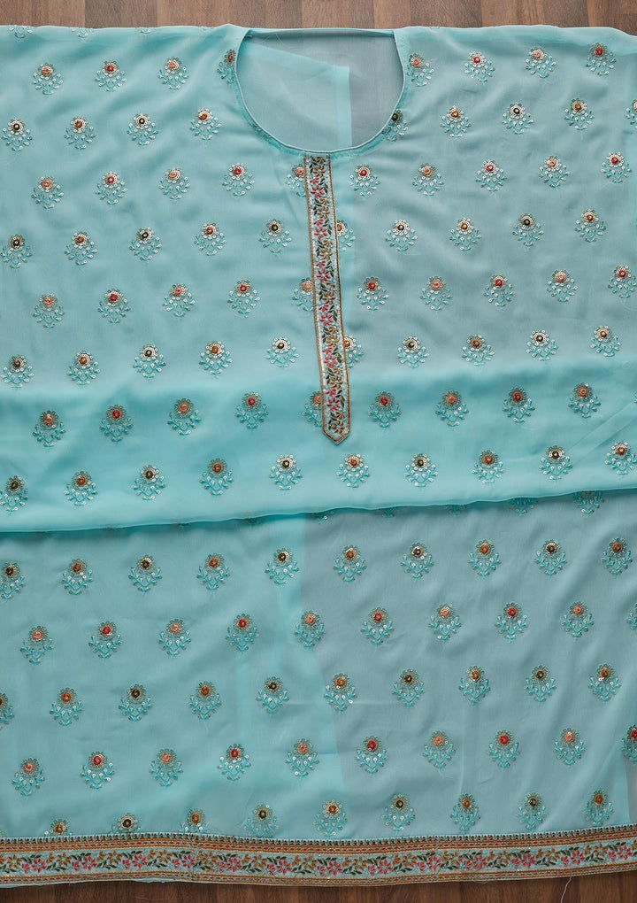 Sky Blue Threadwork Georgette Semi-Stitched Salwar Suit-Koskii