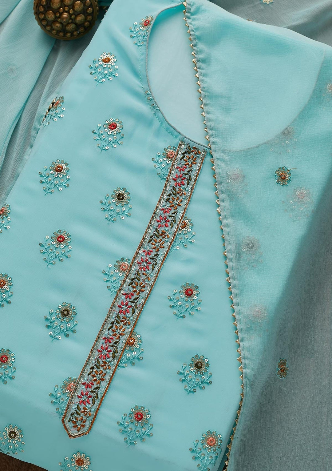 Sky Blue Threadwork Georgette Semi-Stitched Salwar Suit-Koskii