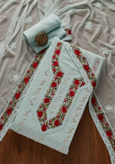 Sky Blue Threadwork Georgette Designer Unstitched Salwar Suit - koskii
