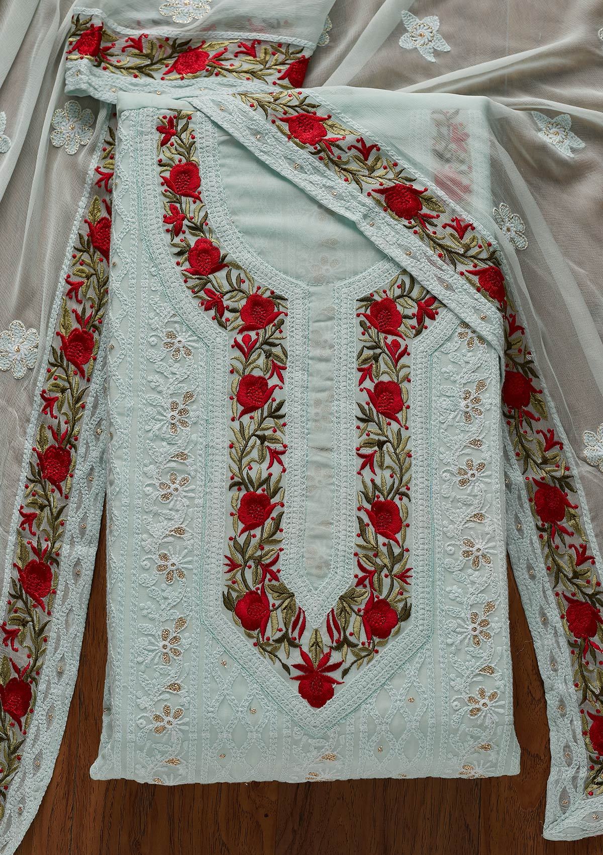 Sky Blue Threadwork Georgette Designer Unstitched Salwar Suit - koskii