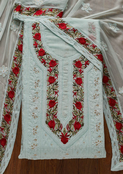 Sky Blue Threadwork Georgette Designer Unstitched Salwar Suit - koskii