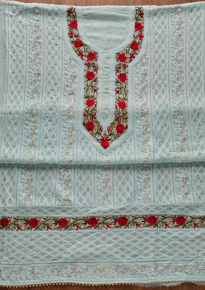 Sky Blue Threadwork Georgette Designer Unstitched Salwar Suit - koskii