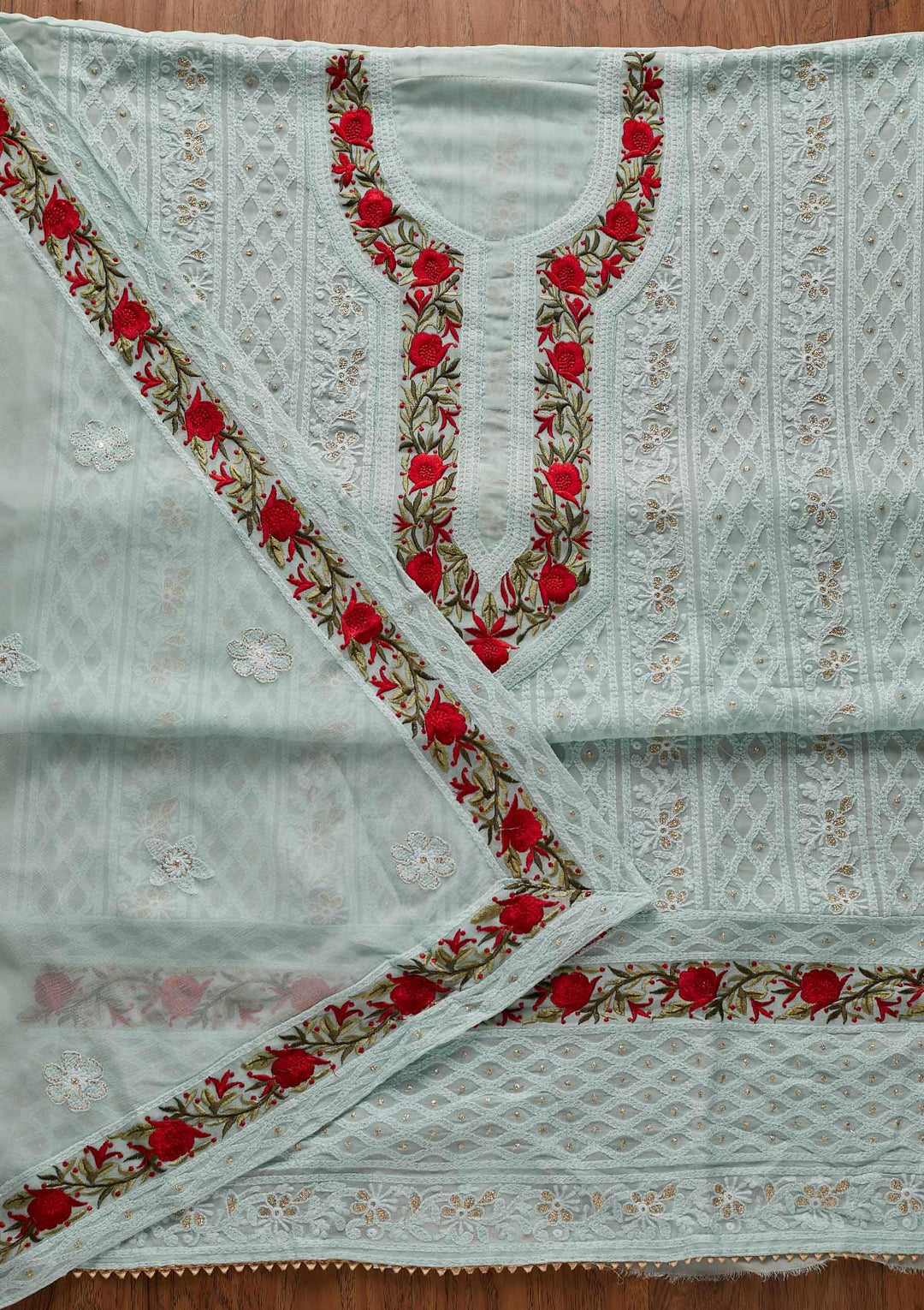 Sky Blue Threadwork Georgette Designer Unstitched Salwar Suit - koskii