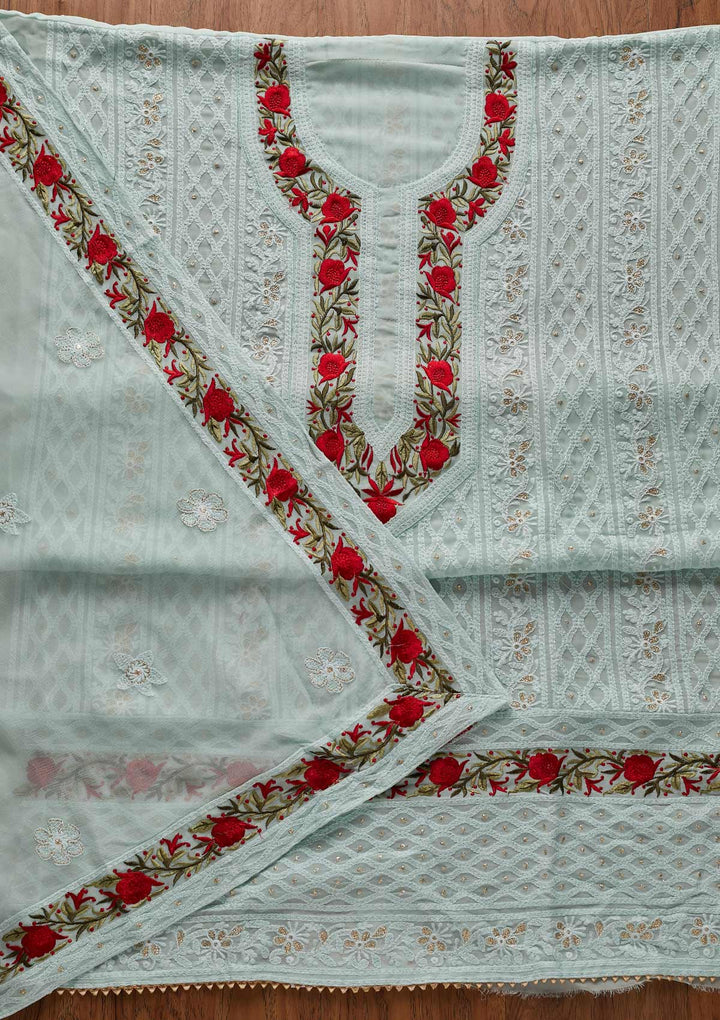 Sky Blue Threadwork Georgette Designer Unstitched Salwar Suit - koskii