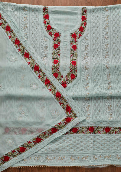 Sky Blue Threadwork Georgette Designer Unstitched Salwar Suit - koskii