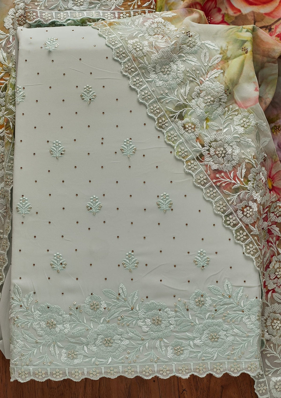 Sky Blue Threadwork Georgette Designer Unstitched Salwar Suit - koskii