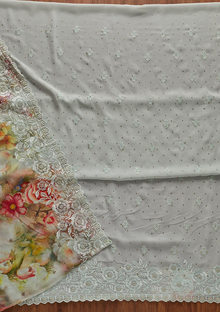 Sky Blue Threadwork Georgette Designer Unstitched Salwar Suit - koskii