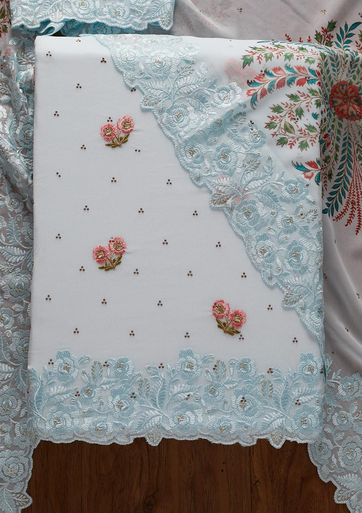 Sky Blue Threadwork Georgette Designer Unstitched Salwar Suit - koskii