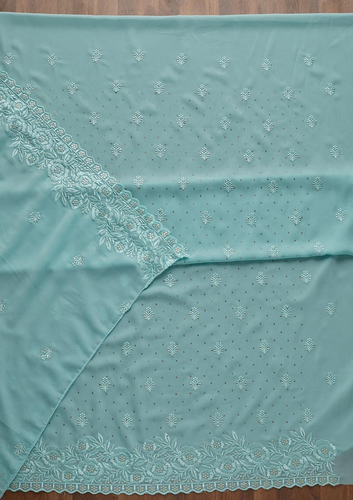Sky Blue Threadwork Georgette  Unstitched Salwar Suit - Koskii