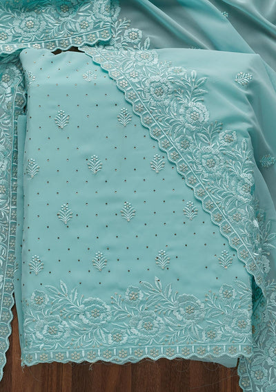 Sky Blue Threadwork Georgette  Unstitched Salwar Suit - Koskii