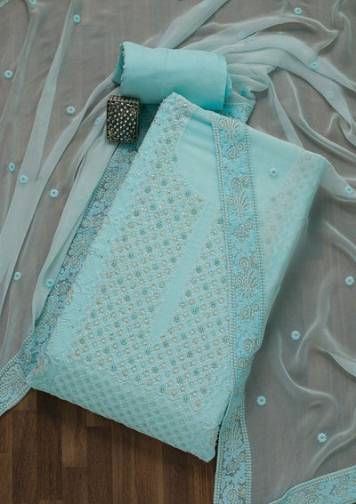 Sky Blue Threadwork Georgette Unstitched Salwar Suit-Koskii