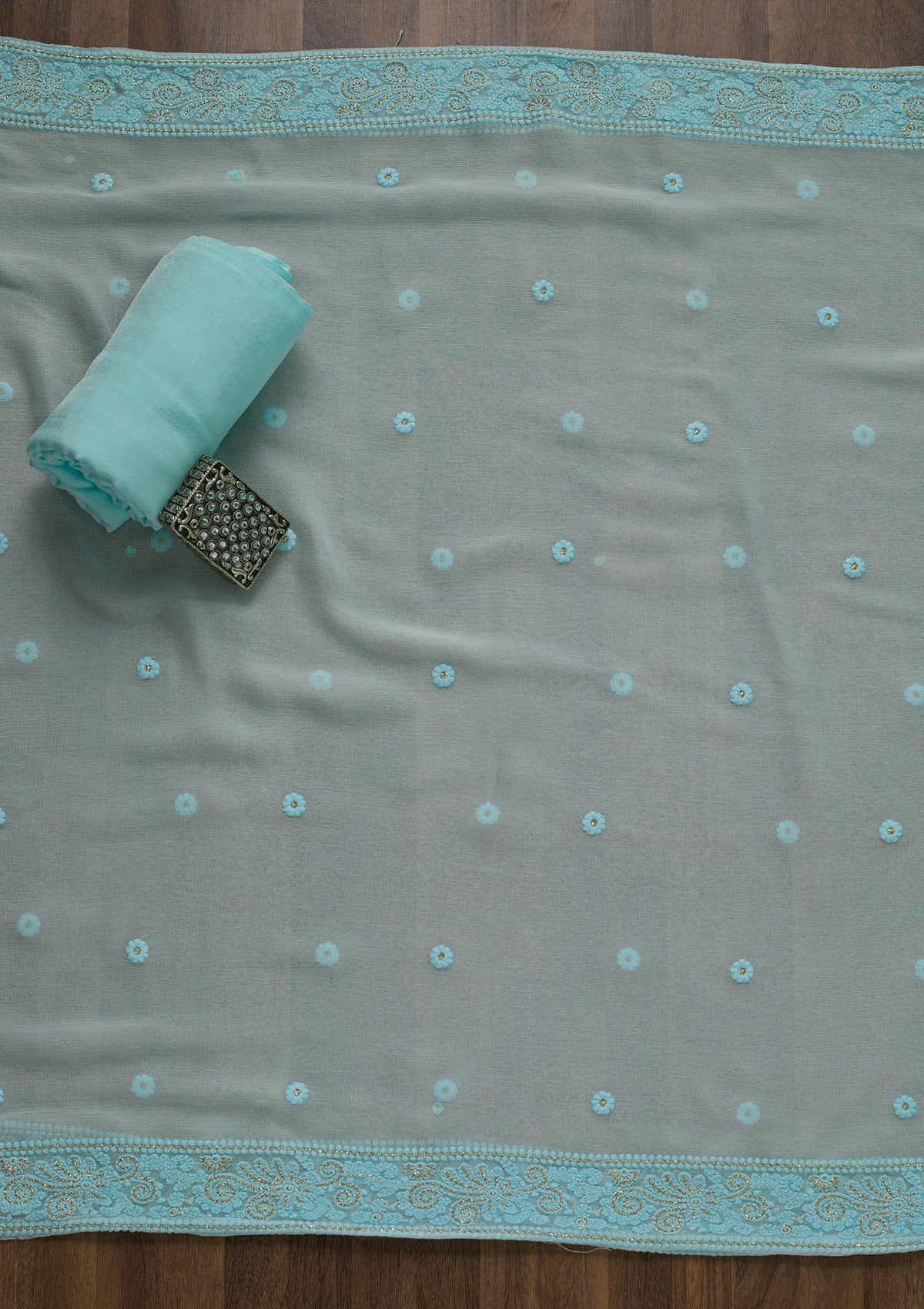 Sky Blue Threadwork Georgette Unstitched Salwar Suit-Koskii