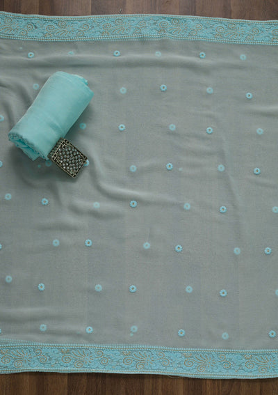 Sky Blue Threadwork Georgette Unstitched Salwar Suit-Koskii