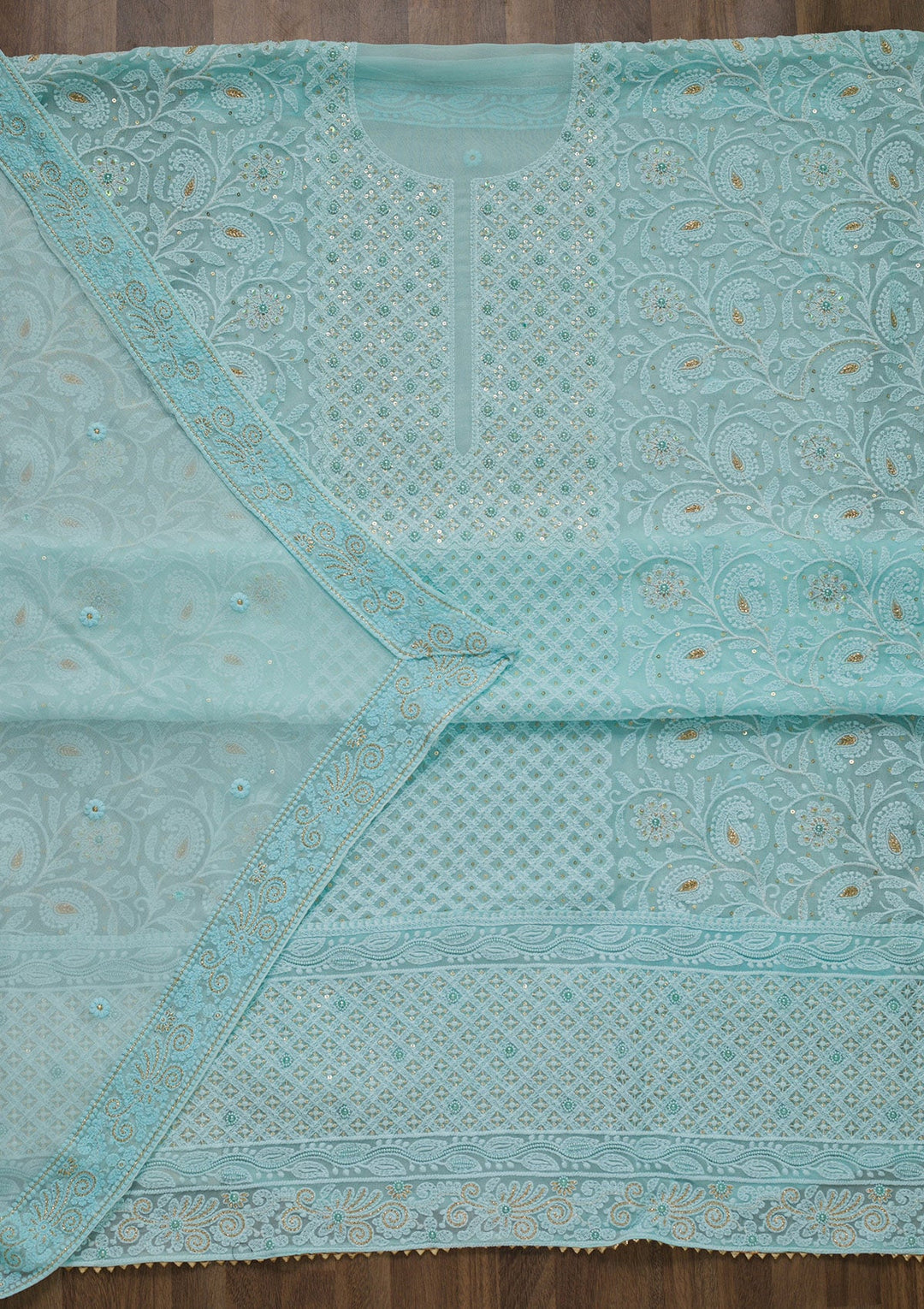 Sky Blue Threadwork Georgette Unstitched Salwar Suit-Koskii