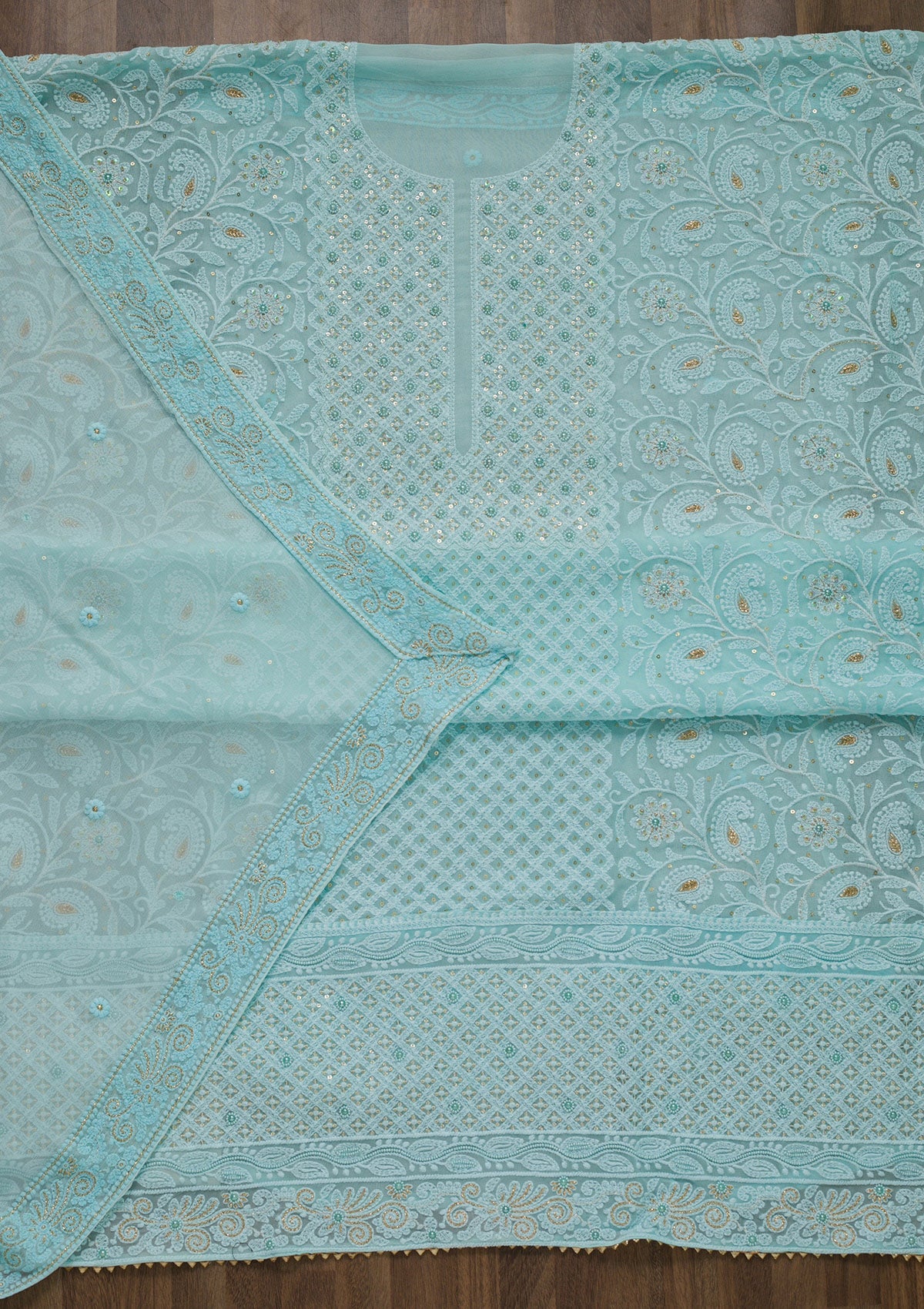 Sky Blue Threadwork Georgette Unstitched Salwar Suit-Koskii
