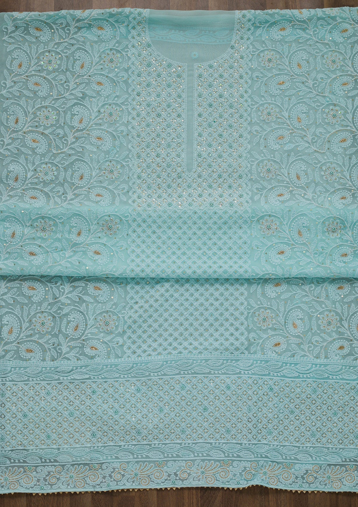 Sky Blue Threadwork Georgette Unstitched Salwar Suit-Koskii