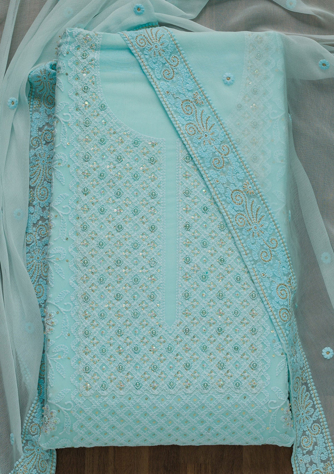 Sky Blue Threadwork Georgette Unstitched Salwar Suit-Koskii