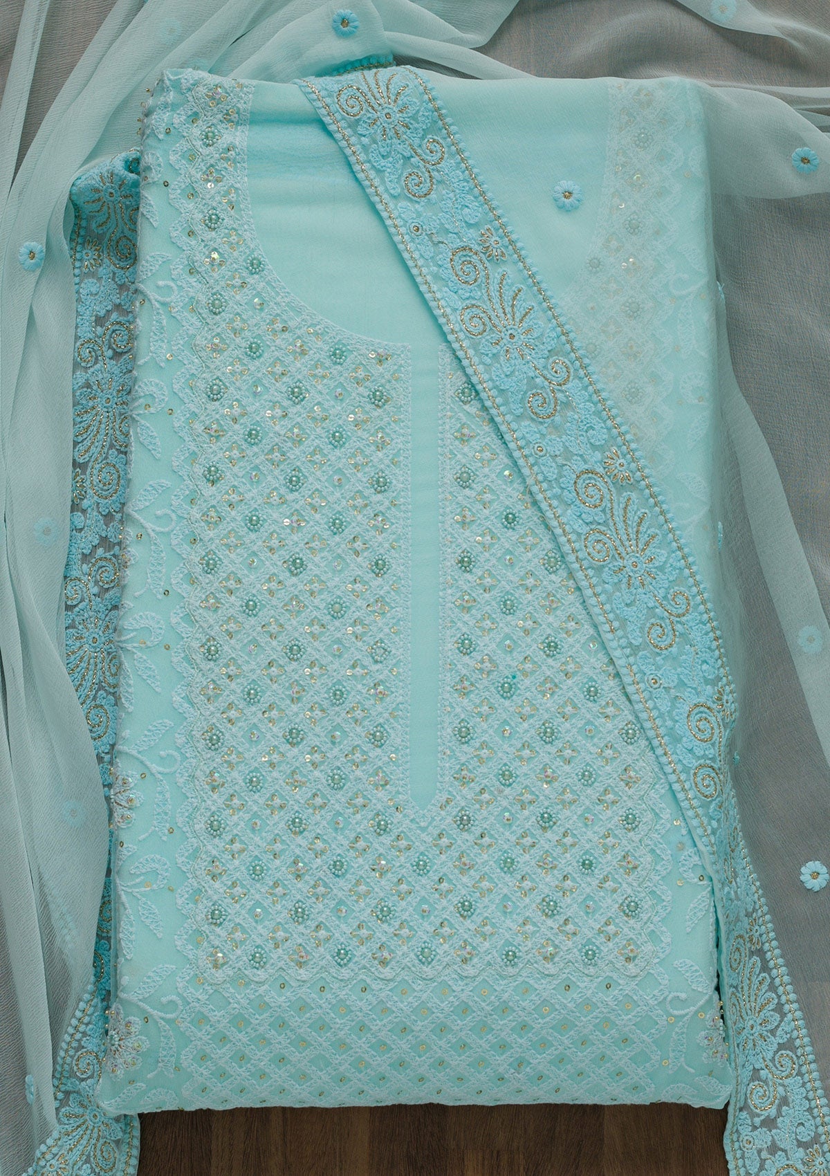 Sky Blue Threadwork Georgette Unstitched Salwar Suit-Koskii