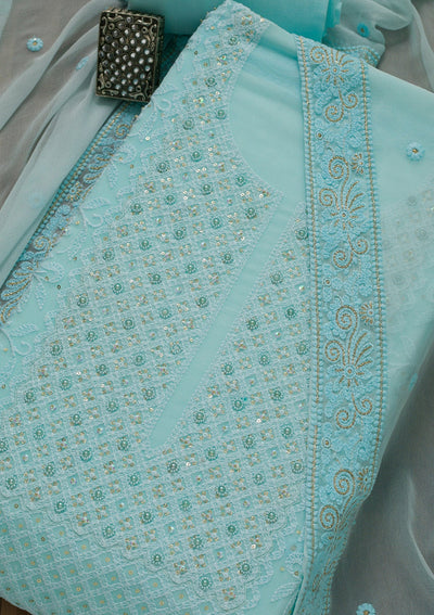 Sky Blue Threadwork Georgette Unstitched Salwar Suit-Koskii