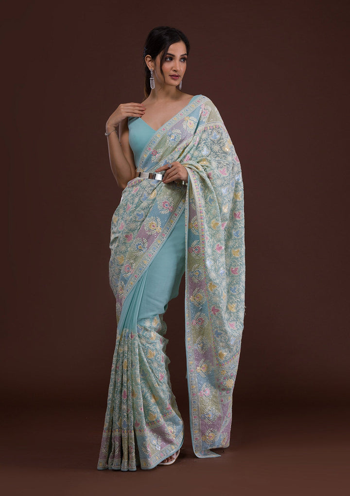 Sky Blue Threadwork Georgette Designer Saree-Koskii