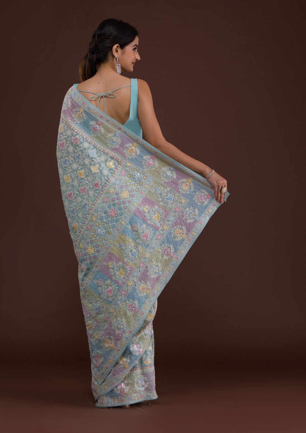 Sky Blue Threadwork Georgette Designer Saree-Koskii