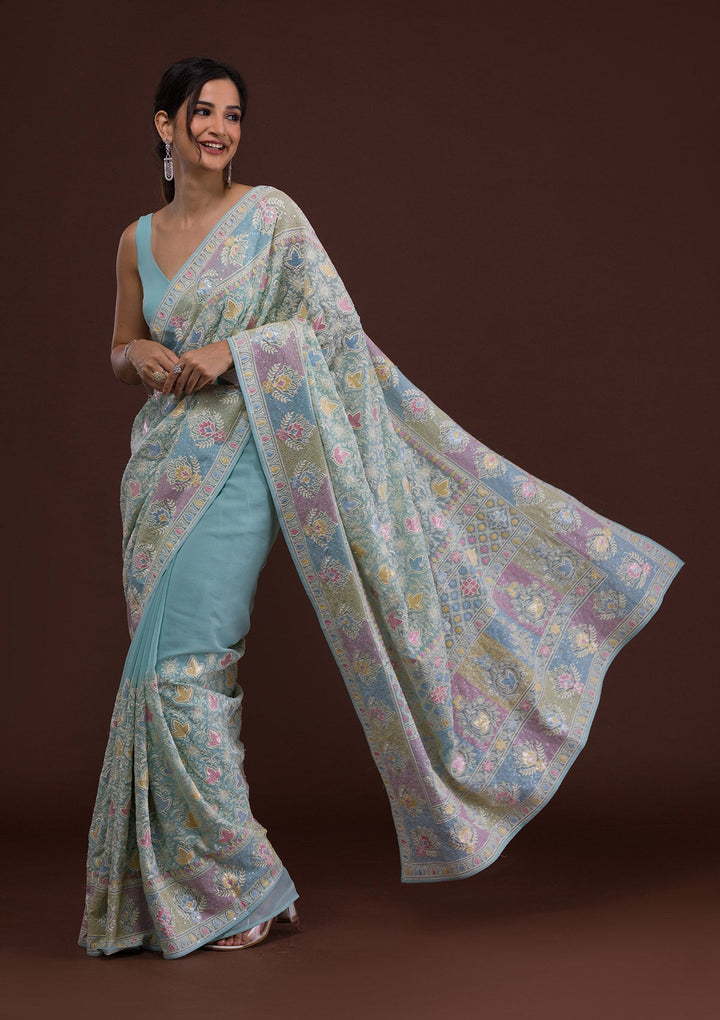 Sky Blue Threadwork Georgette Designer Saree-Koskii
