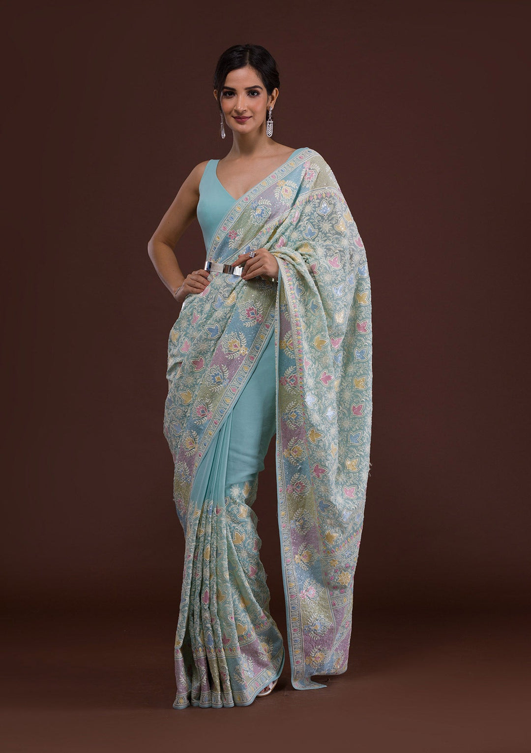 Sky Blue Threadwork Georgette Designer Saree-Koskii