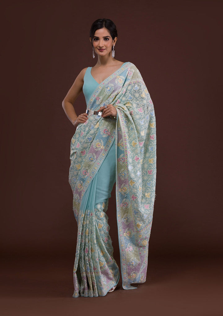 Sky Blue Threadwork Georgette Designer Saree-Koskii