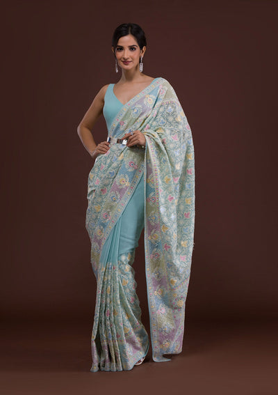 Sky Blue Threadwork Georgette Designer Saree-Koskii