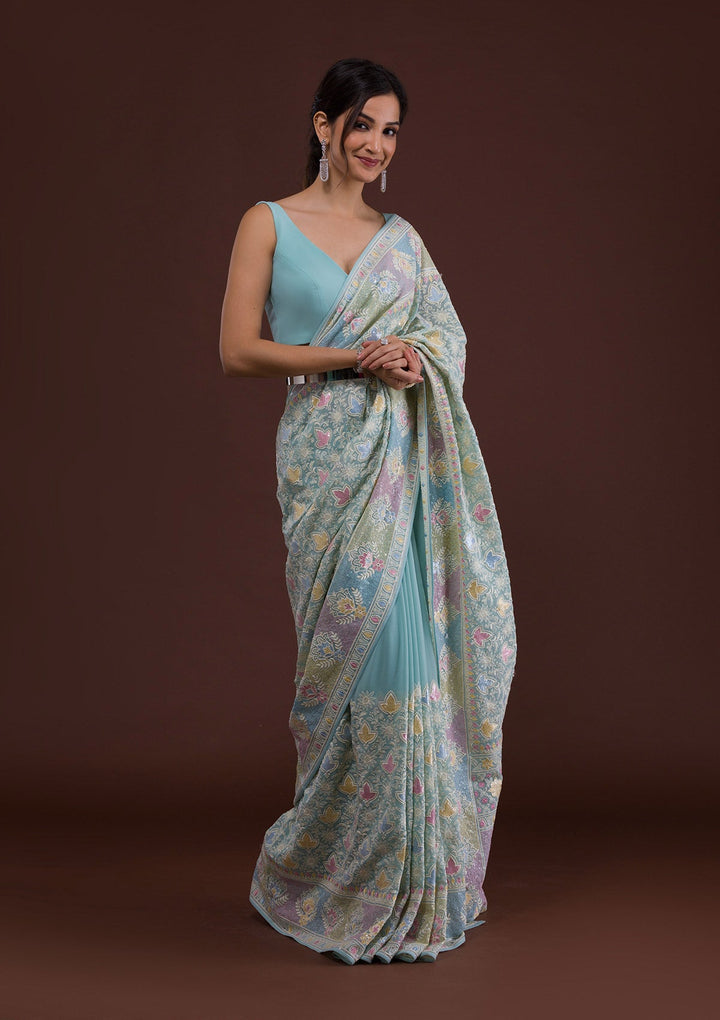 Sky Blue Threadwork Georgette Designer Saree-Koskii