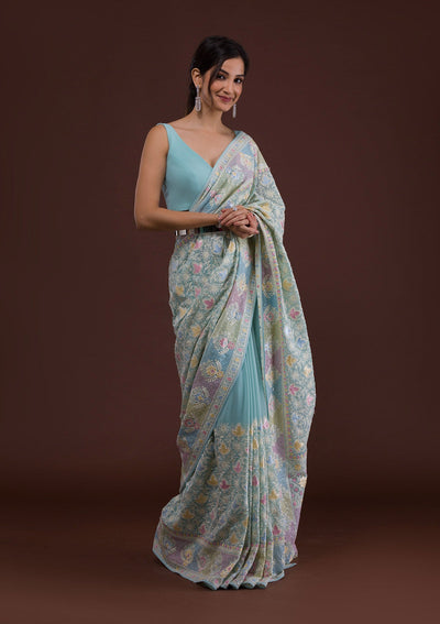 Sky Blue Threadwork Georgette Designer Saree-Koskii