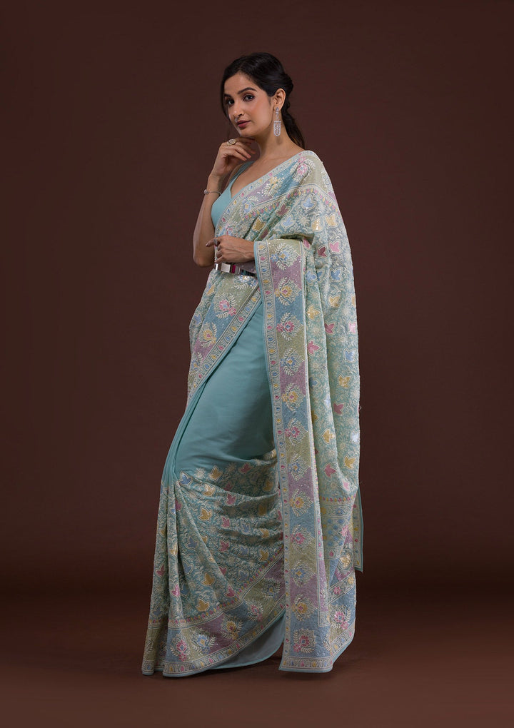 Sky Blue Threadwork Georgette Designer Saree-Koskii