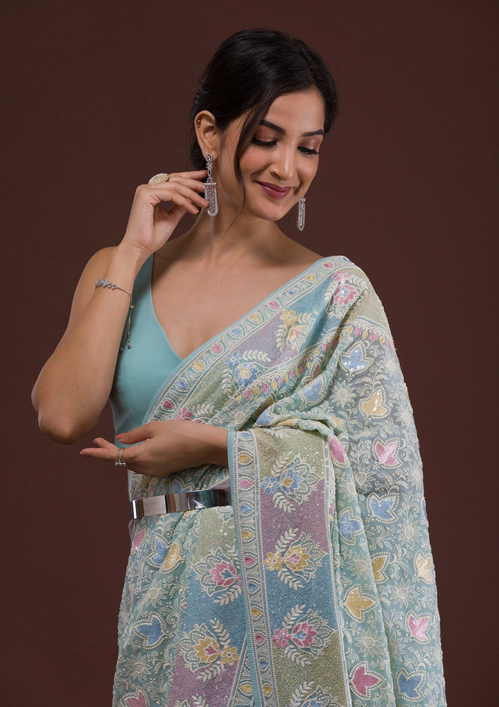 Sky Blue Threadwork Georgette Designer Saree-Koskii