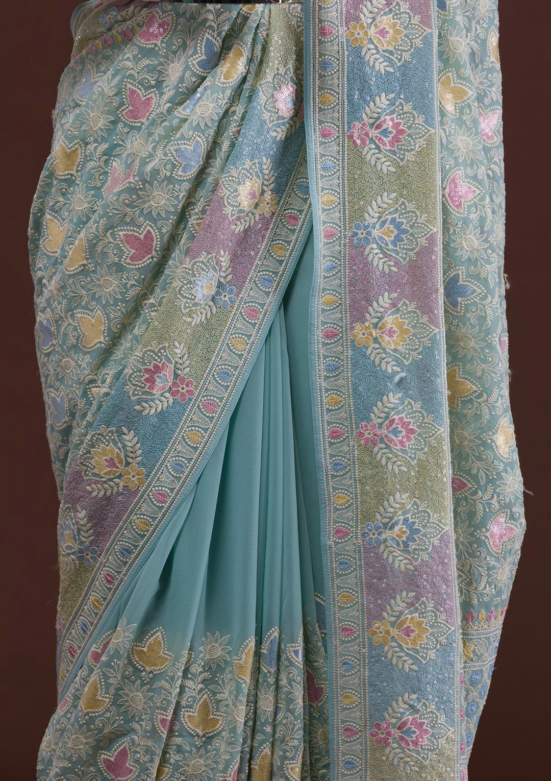 Sky Blue Threadwork Georgette Designer Saree-Koskii