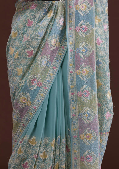 Sky Blue Threadwork Georgette Designer Saree-Koskii