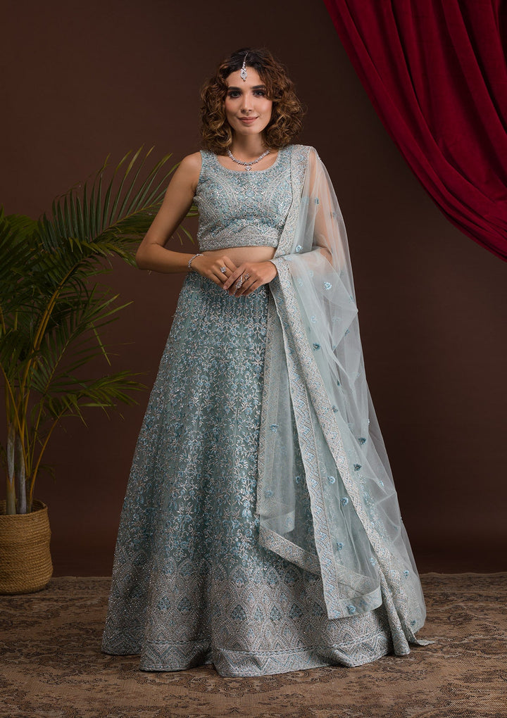 Sky Blue Threadwork Net Designer Lehenga-Koskii