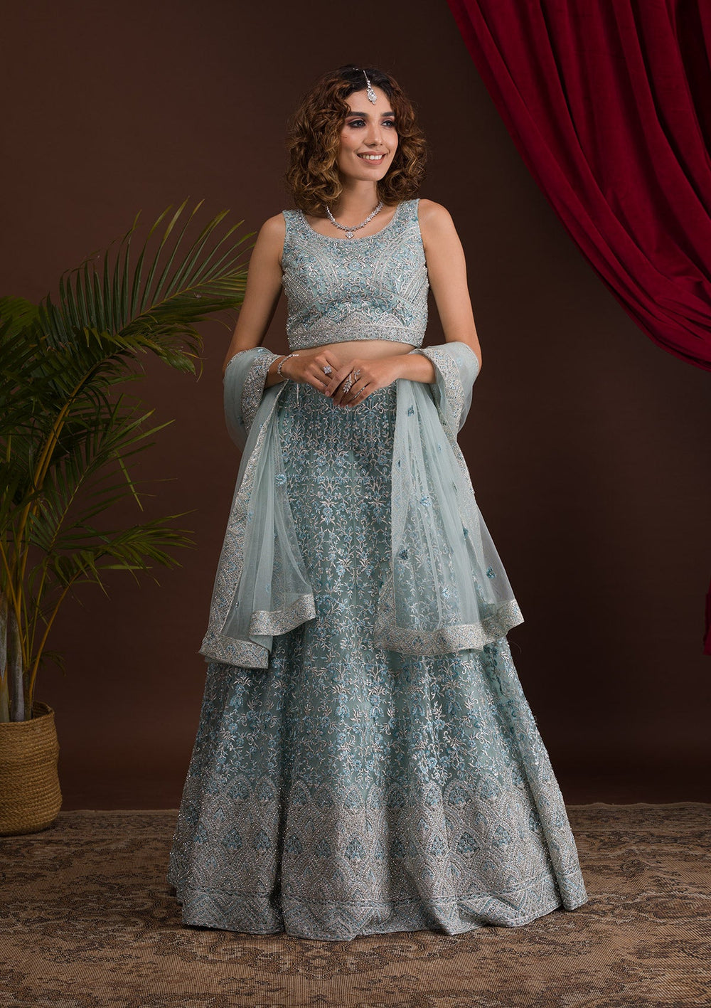 Sky Blue Threadwork Net Readymade Lehenga-Koskii