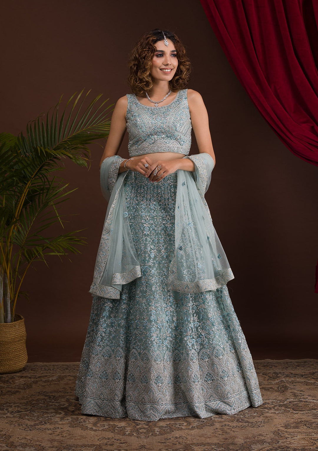 Sky Blue Threadwork Net Readymade Lehenga-Koskii