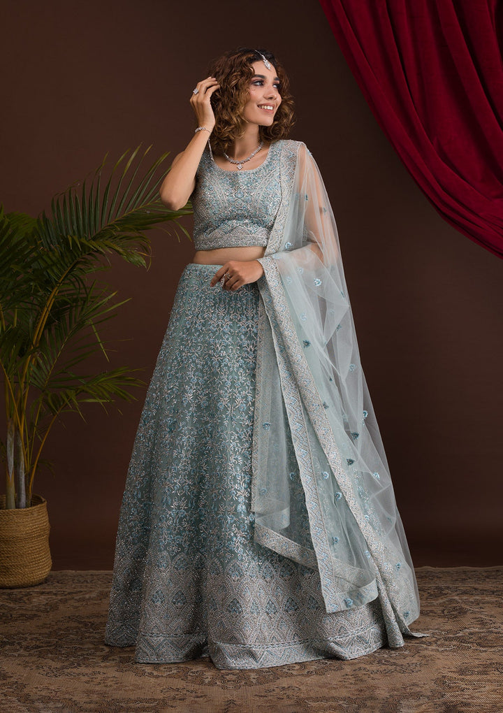 Sky Blue Threadwork Net Readymade Lehenga-Koskii